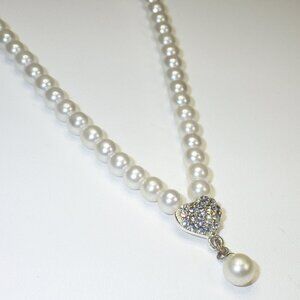 Faux PEARL Y-Drop necklace w/Rhinestone heart 16" Wedding/Bride/Gift/Bridesmaid